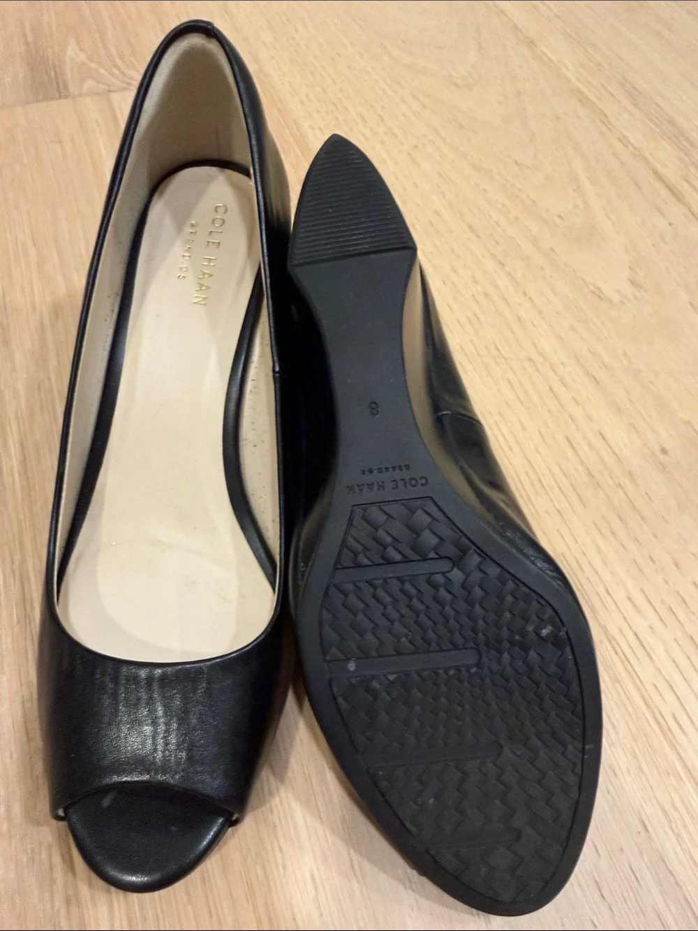 Cole Hahn Black Peep-Toe Wedge Pumps